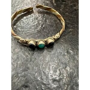 Vintage Tibetan Three-Tone Twisted Cuff Bracelet Jade & Black Onyx Boho Unisex